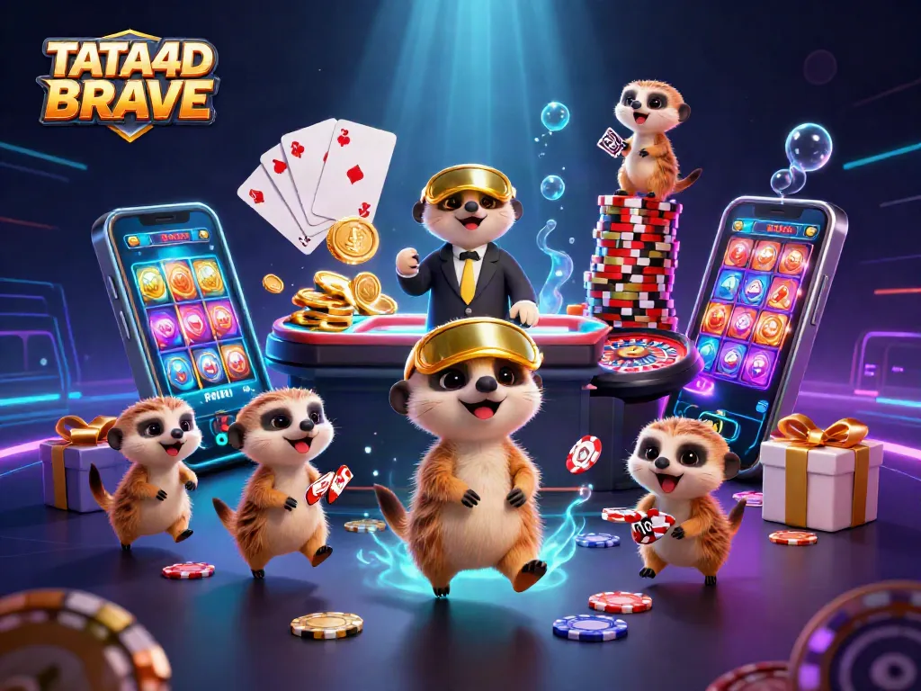 Engage with TATA4D BRAVE in a vibrant casino world with meerkats celebrating exciting gameplay.
