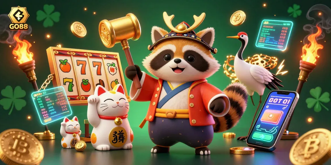 Engage in winning strategies at GO88 with vibrant 3D casino elements amidst animated lucky charms.