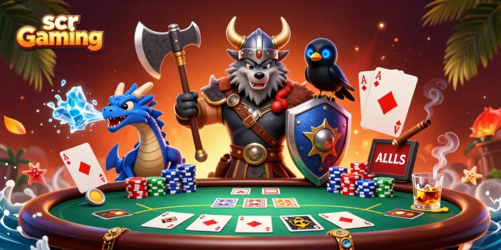Experience excitement with scr gaming featuring a Viking wolf warrior and dragon amidst poker elements.