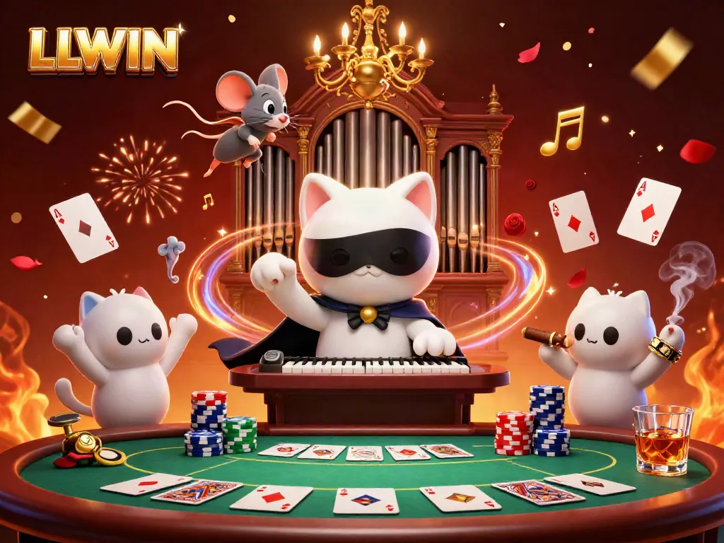 Explore legendary gaming with LLWIN, featuring a whimsical cat and acrobat in a grand casino.