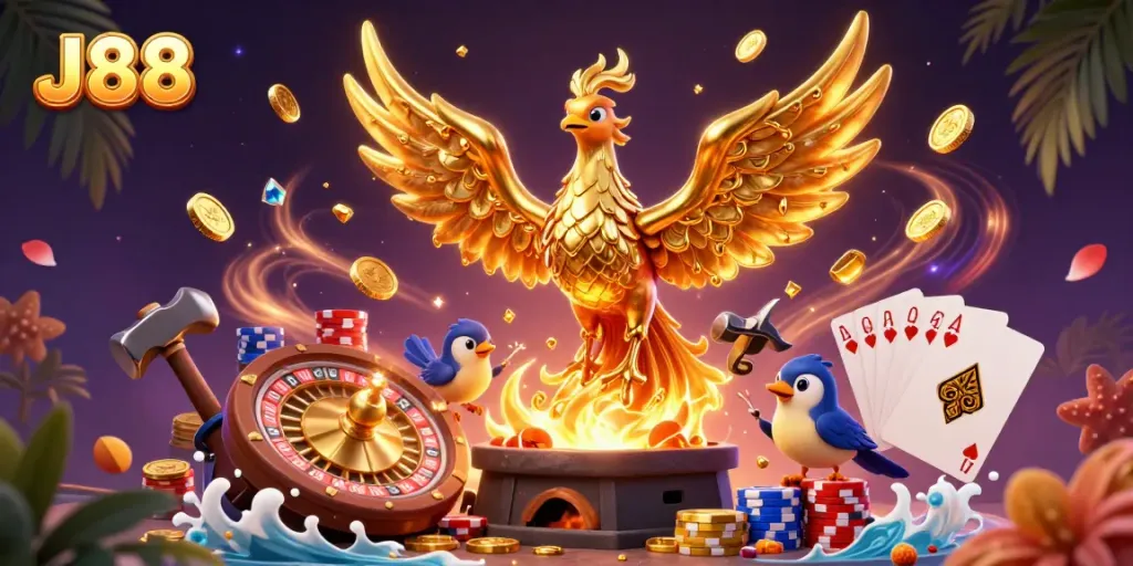 Experience winning jackpots with J88's vibrant casino scene filled with golden phoenix, sparkling coins, and roulette.