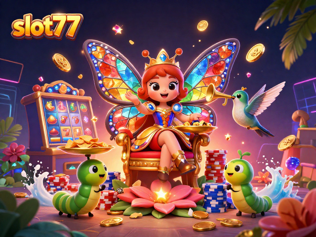 Spin the reels on slot77 with vibrant illustrations of coins, colorful chips, and lucky symbols.