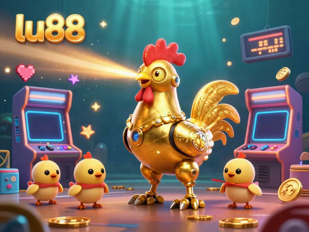 Engage with LU88's dynamic gaming scene featuring a golden rooster robot and playful chick drones amidst thrilling game elements.