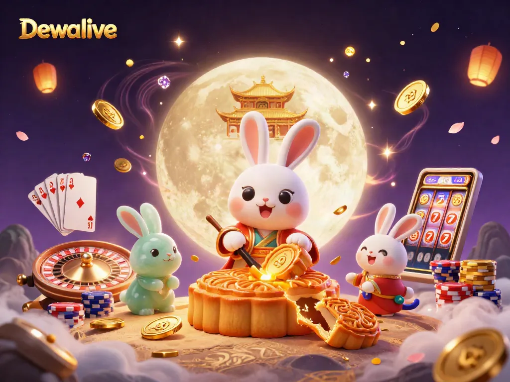 Dewalive offers exciting gameplay with a captivating moon rabbit scene revealing hidden treasures in poker chips.