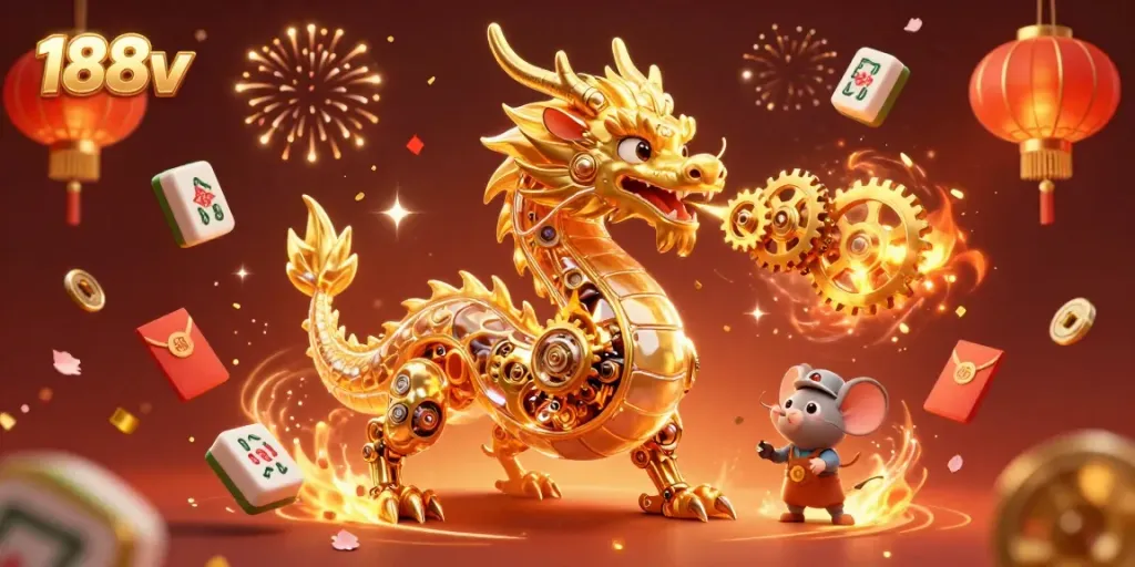 Experience exciting gaming at 188v with golden dragon and casino elements in a dynamic scene.