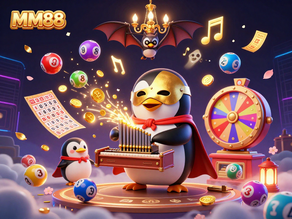 Play exciting MM88 games with vibrant lottery elements and a whimsical penguin organist.