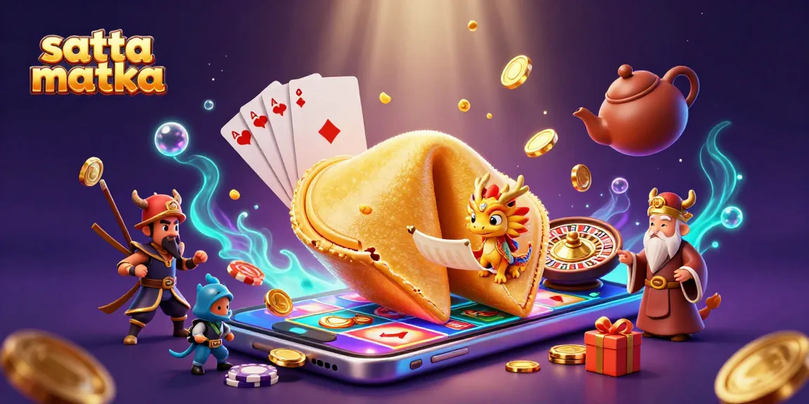 Satta matka golden fortune cookie scene revealing secrets, thriving with vibrant casino elements and action.