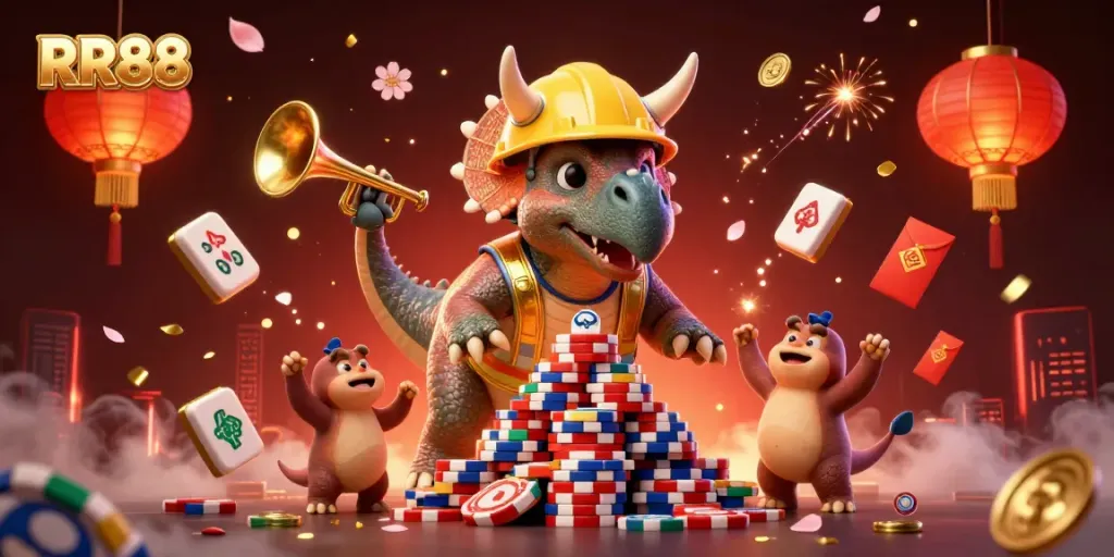 Engage with RR88's vibrant casino atmosphere featuring fun characters and various game elements.