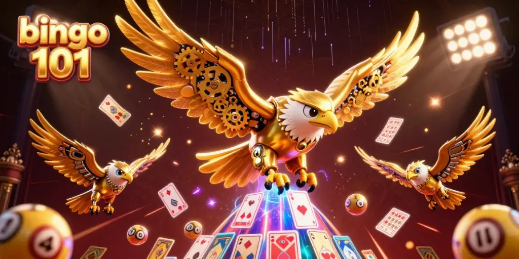 Engage with bingo 101 as the dynamic illustration showcases a cybernetic eagle amidst bingo elements, combining sport and excitement.