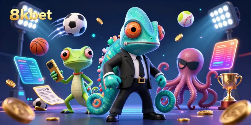 Bet on 8kbet with vibrant sports-themed action featuring a chameleon, gecko, and octopus.
