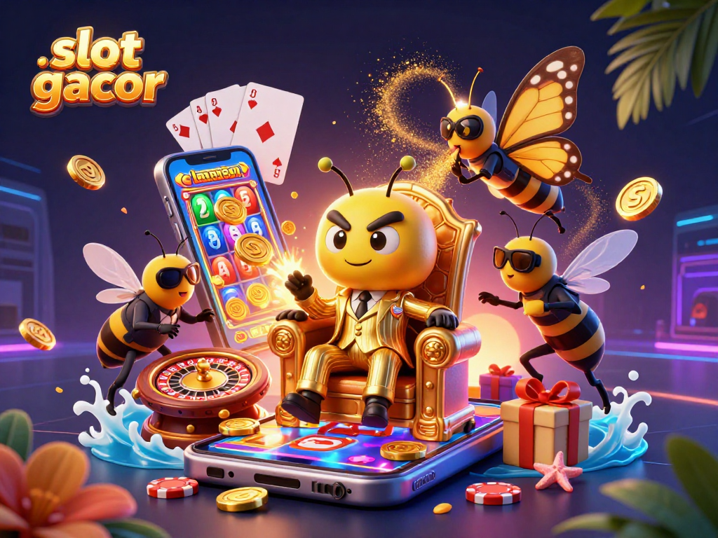 Experience thrilling slot gacor action with a 3D cartoon bumblebee mob boss in a vibrant casino scene.