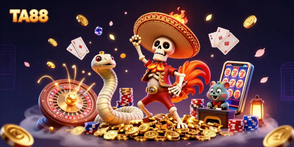 TA88 spins luck with vibrant characters celebrating over golden coins and exciting game elements.