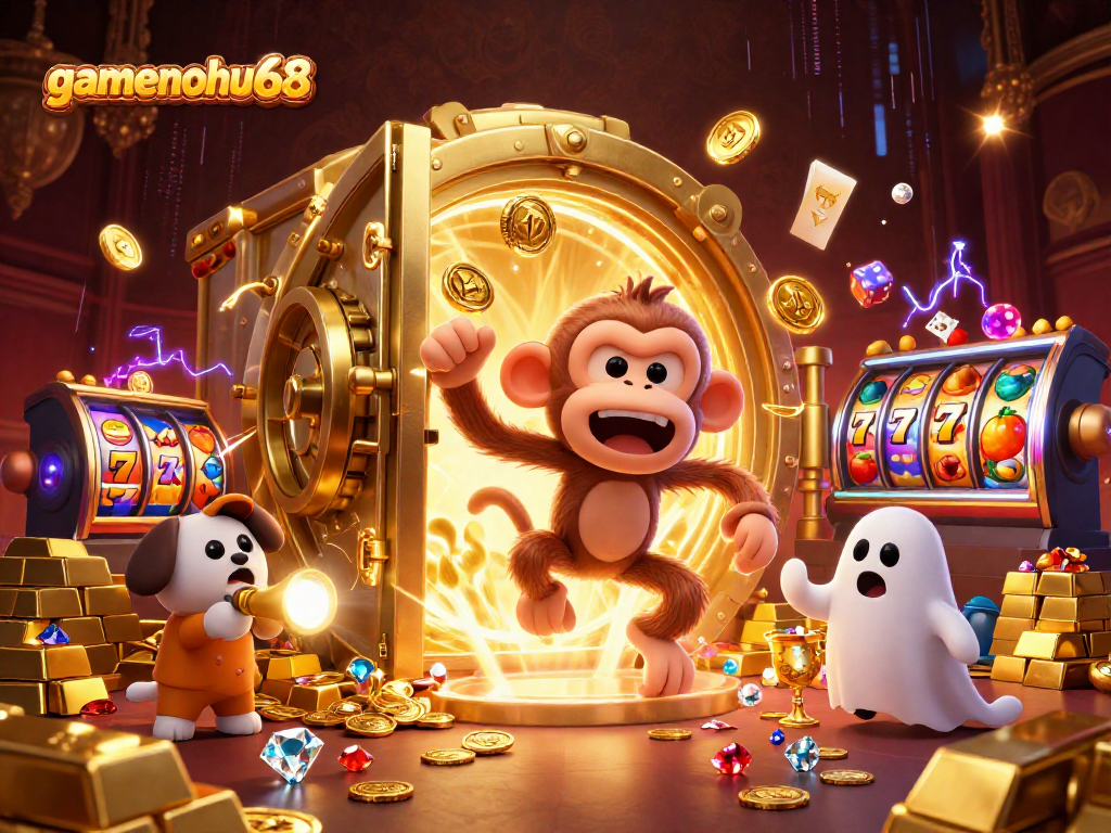 Experience the thrill of gamenohu68 as the mischievous poltergeist monkey juggles gold coins in a haunted casino.