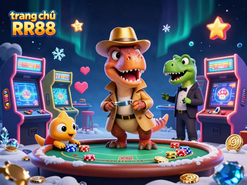 Experience the excitement of trang chủ RR88 with a velociraptor card counter at a blackjack table amid vibrant casino elements.