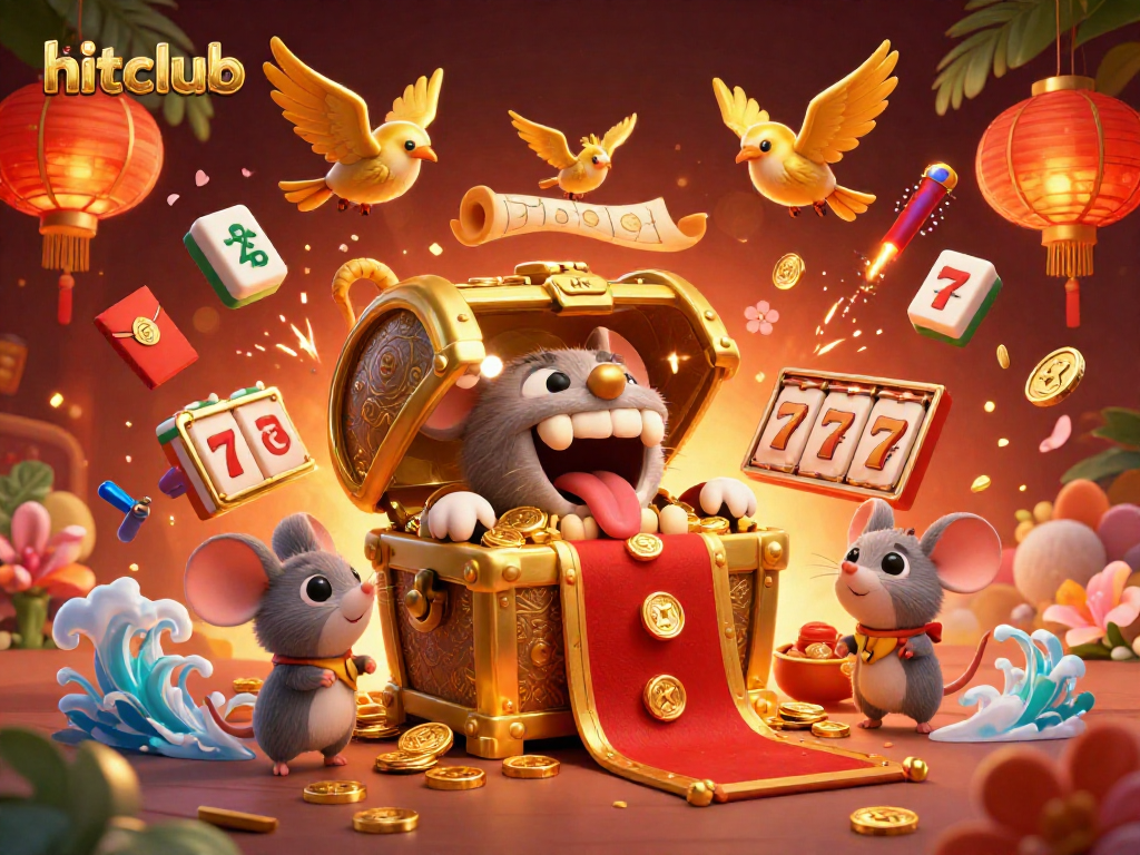 Engage in thrilling slots with hitclub's dynamic treasure scene featuring animated reels and colorful casino elements.