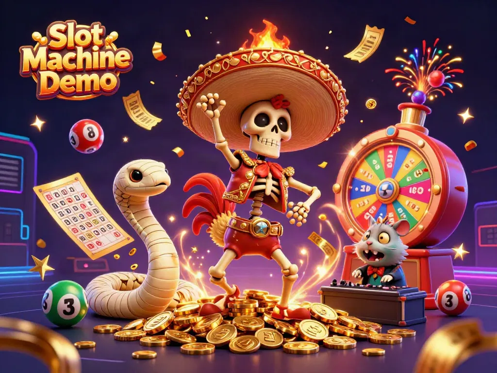 Engage in Slot Machine Demo action with vibrant characters celebrating amidst a lively gaming backdrop.
