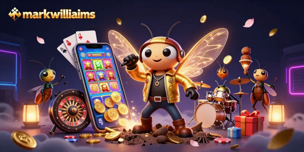 Reveal big wins with markwwilliams and vibrant casino-themed characters surrounded by dynamic gaming elements.