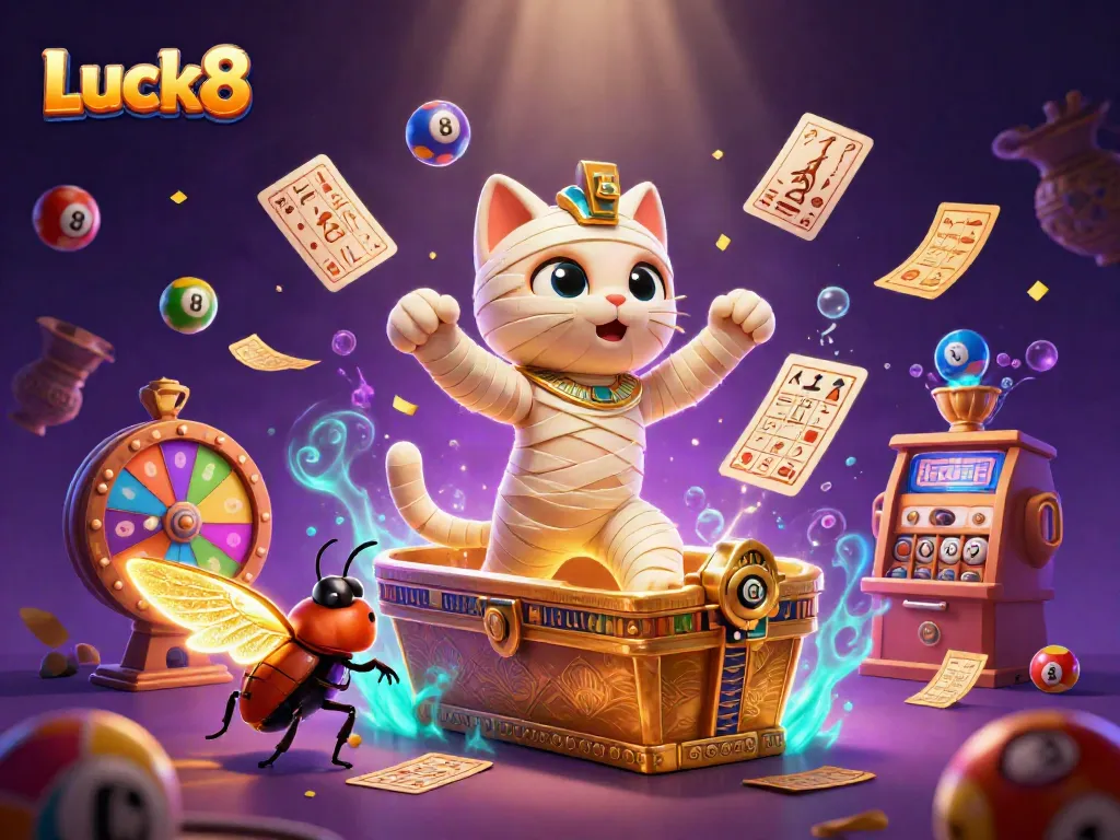 Luck8's vibrant casino world, featuring a mummy cat and golden elements creating excitement.