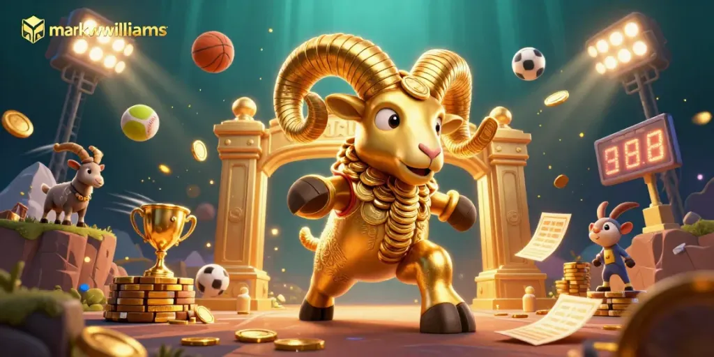 Mark Williams leads a thrilling sports betting scene with dynamic golden ram and colorful elements.