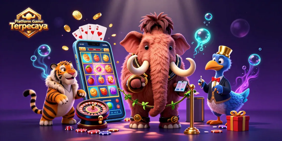 Visualize the excitement at a Platform Game Terpercaya with a woolly mammoth bouncer and casino elements.