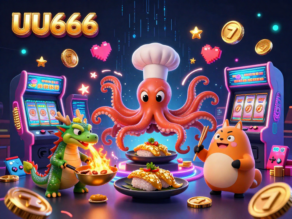 Experience the excitement at UU666 with a sushi chef octopus and dragon in a lively casino scene.