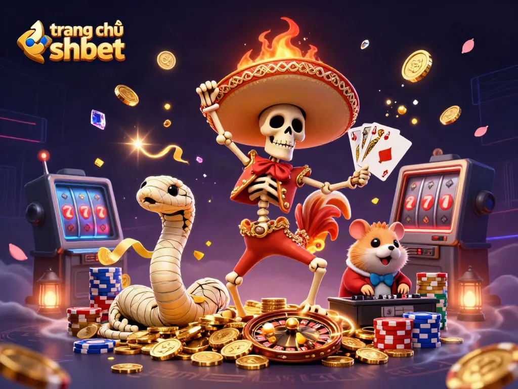 Energetic scene at trang chủ shbet showcasing a skeleton mariachi and vibrant casino elements.