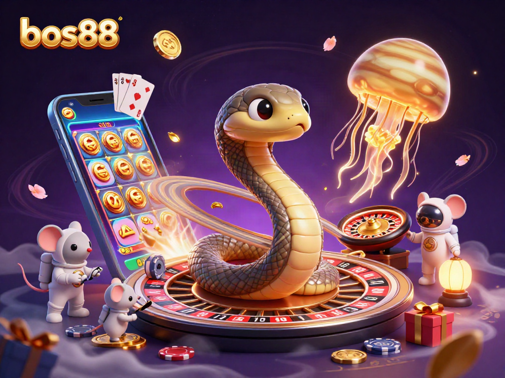 Mainkan slot dan roulette seru di bos88 dengan karakter kucing astromaut dan ular angkasa.