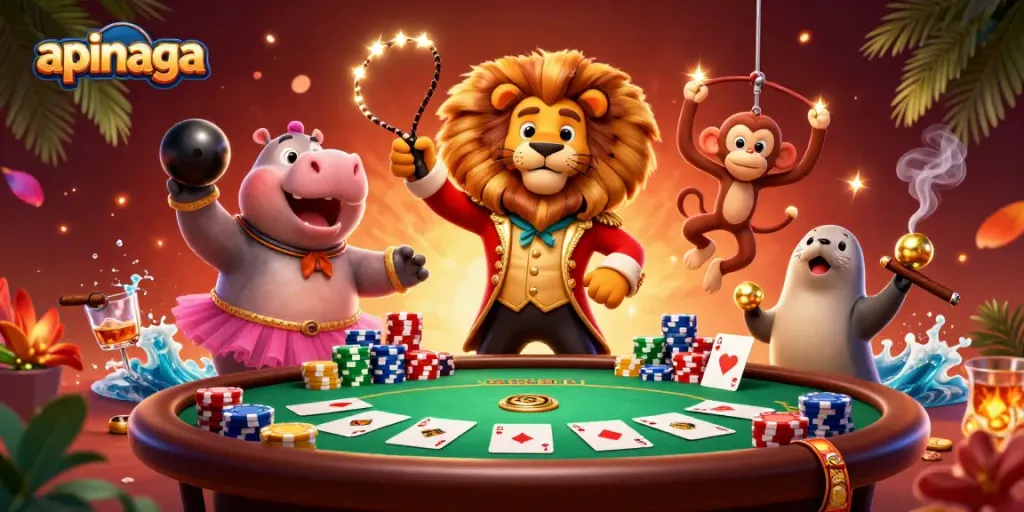Experience thrilling wins with apinaga's vibrant casino scene featuring colorful poker elements and engaging characters.