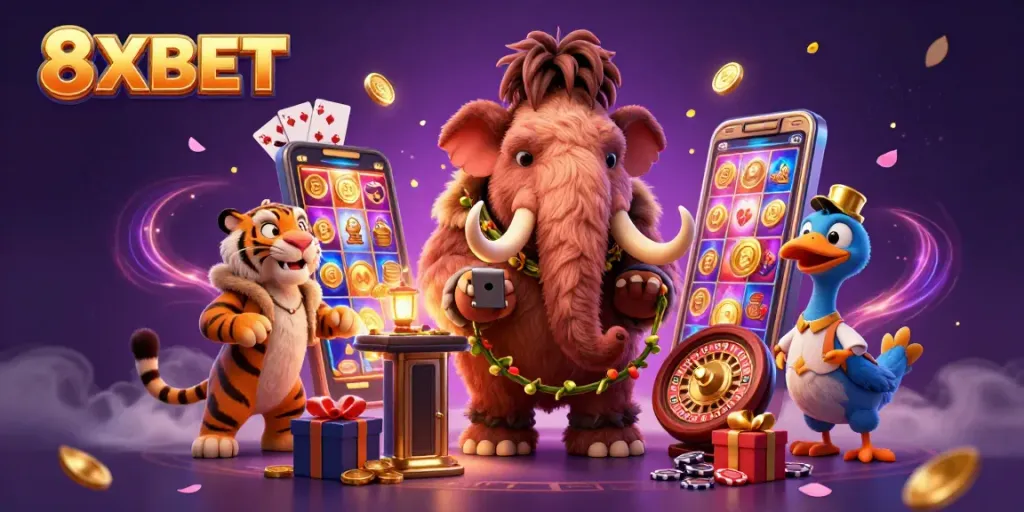Experience 8XBET's vibrant casino scene with characters interacting amid dynamic game elements.