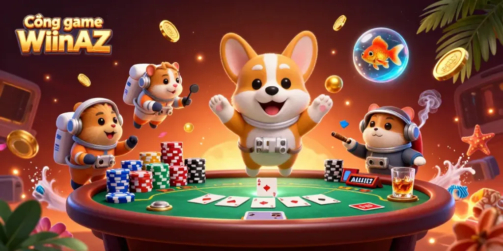 Engage in thrilling gaming at Cổng game WIinAZ with vibrant 3D casino scene showcasing poker excitement.