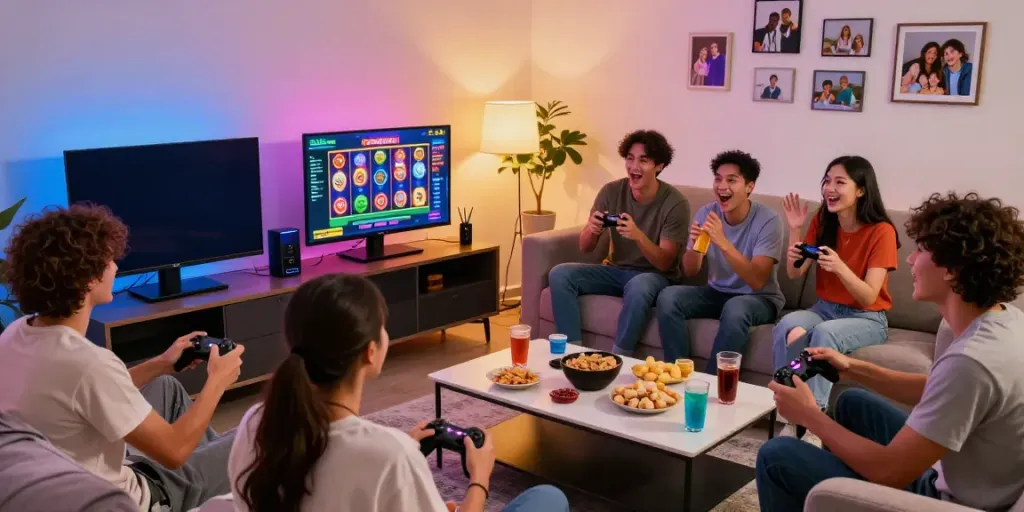 Group of friends enjoying a lively game of slot gacor in a modern setting.