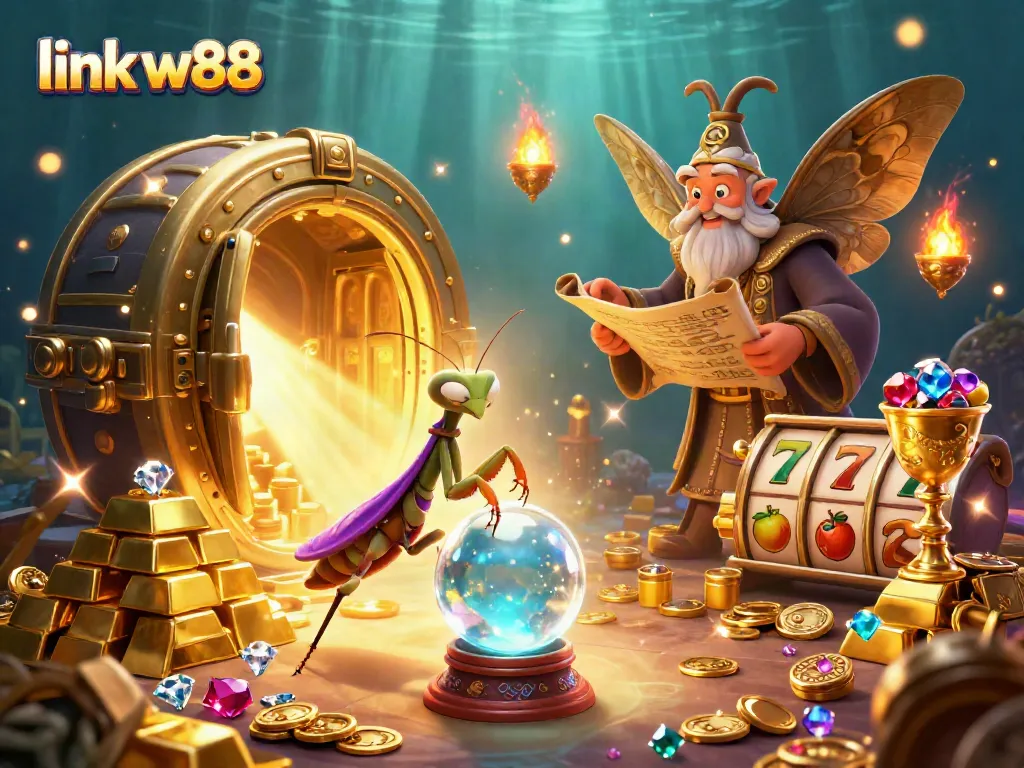 Engage with link w88 through a vibrant casino scene featuring fortune tellers and treasures.