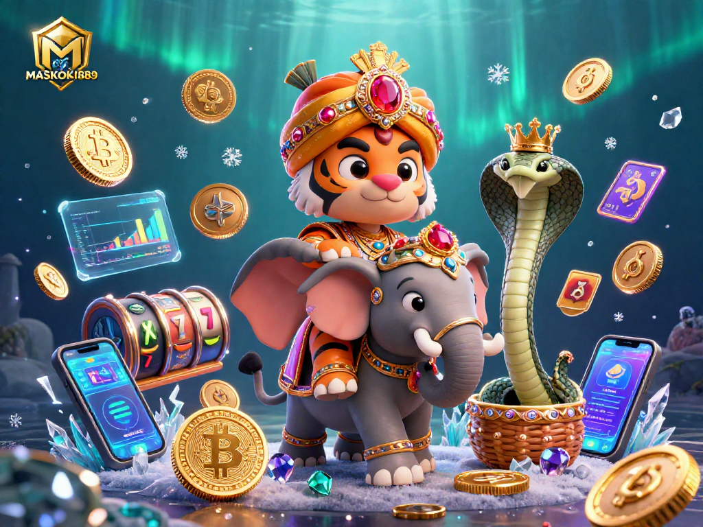 Engage with MASKOKI889's thrilling casino adventure featuring a vibrant 3D maharaja and crypto elements.