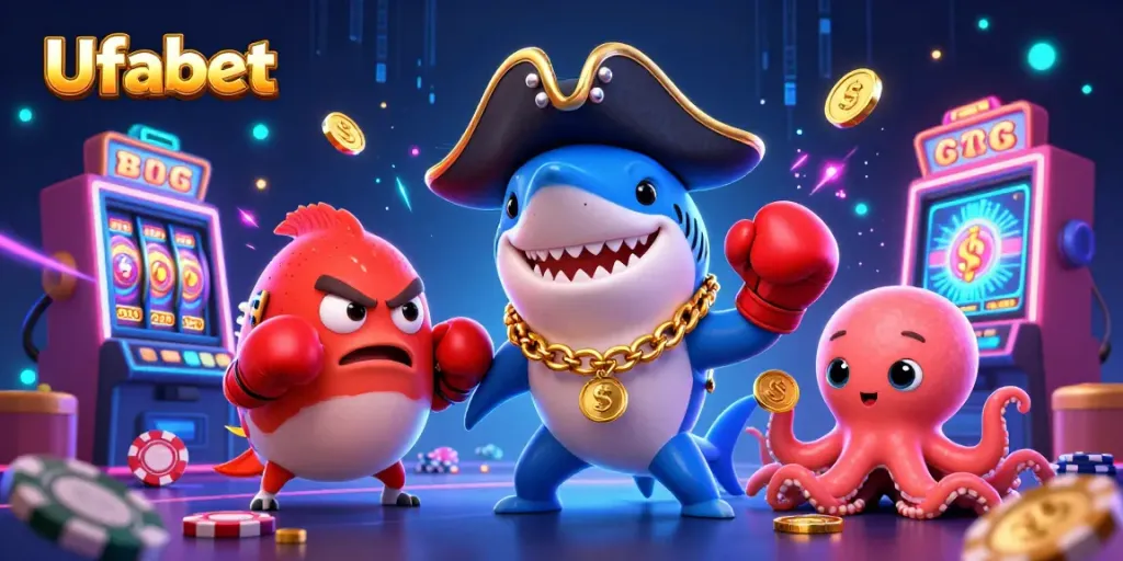 Experience thrilling gambling excitement with Ufabet featuring a pirate shark, pufferfish, and octopus amidst rich casino elements.