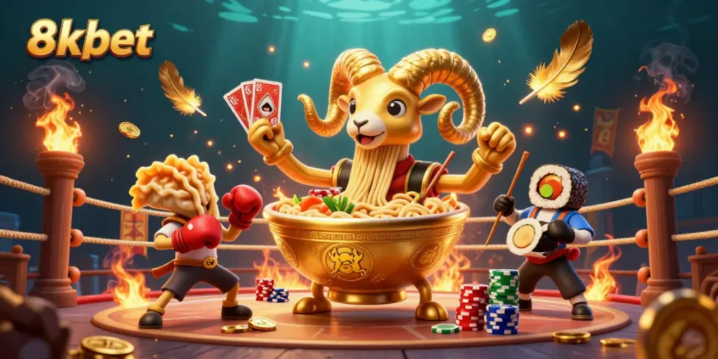 Engage in thrilling 8xbet gaming with a vibrant casino scene featuring energetic characters and dynamic elements.