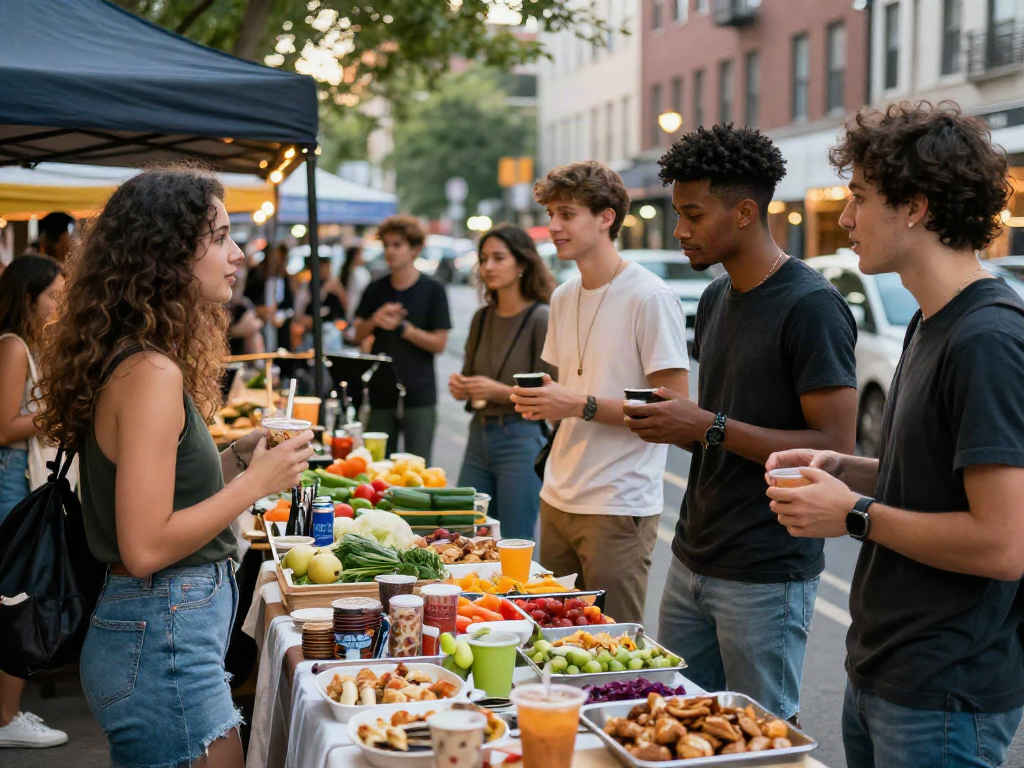 A group of friends exploring a vibrant outdoor market, enjoying local flavors and community atmosphere in hargatoto.