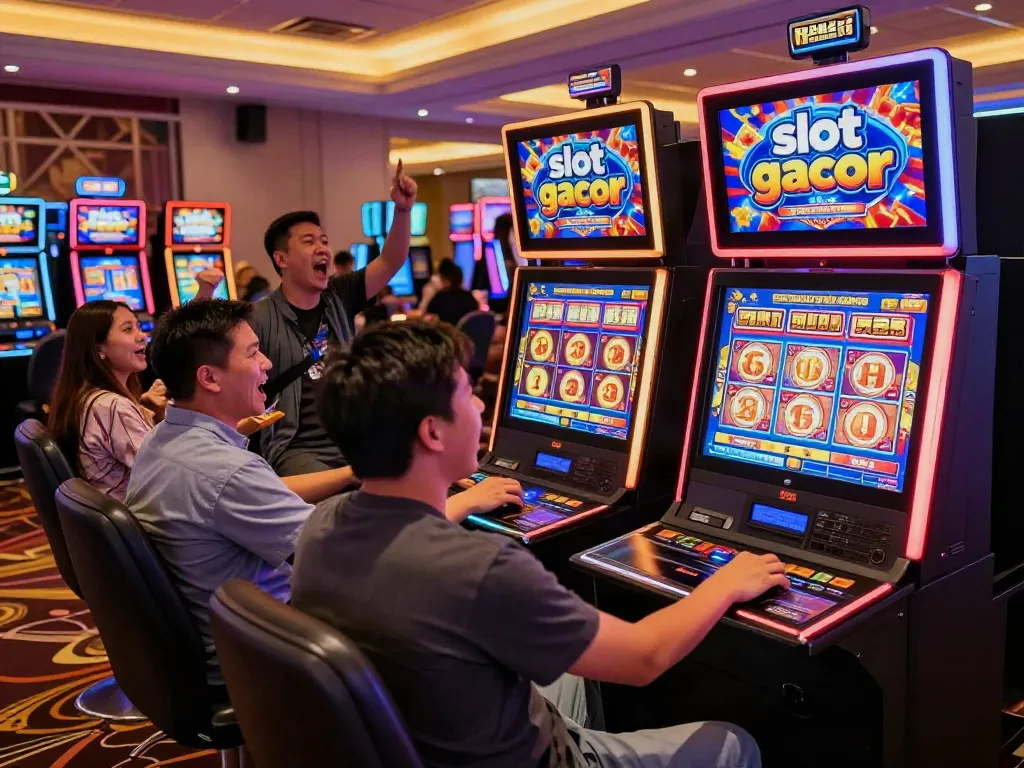 Exciting casino scene featuring players around a slot gacor machine, showcasing vibrant colors and lively atmosphere.