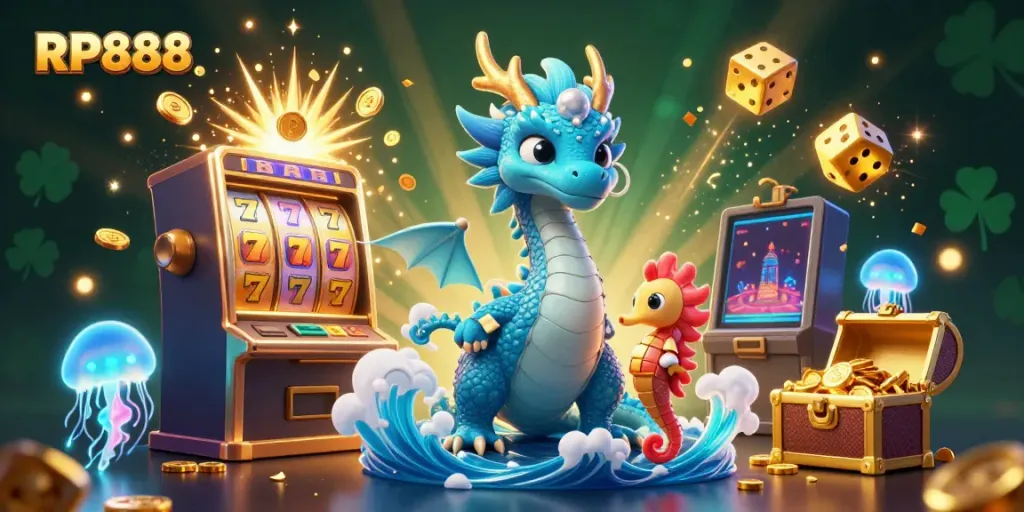Spin the reels with RP888's vibrant 3D illustration displaying slot machines, lively characters, and casino themes.