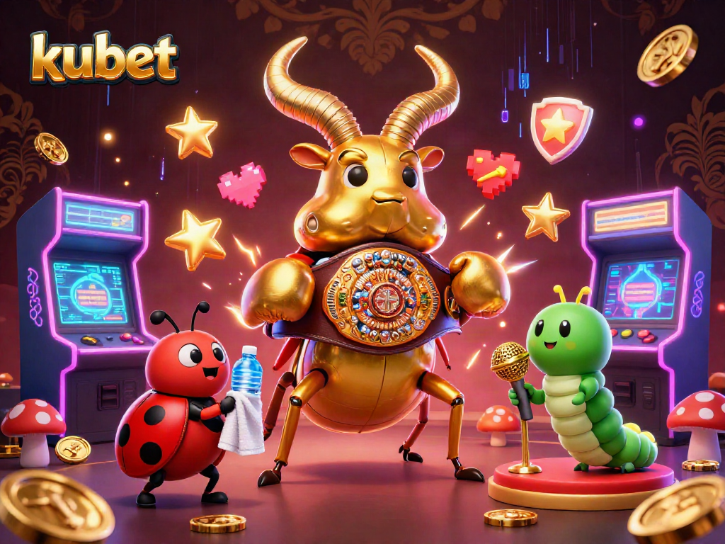 Kubet's vibrant casino scene featuring a golden stag beetle boxer, arcade machines, and dynamic game elements.
