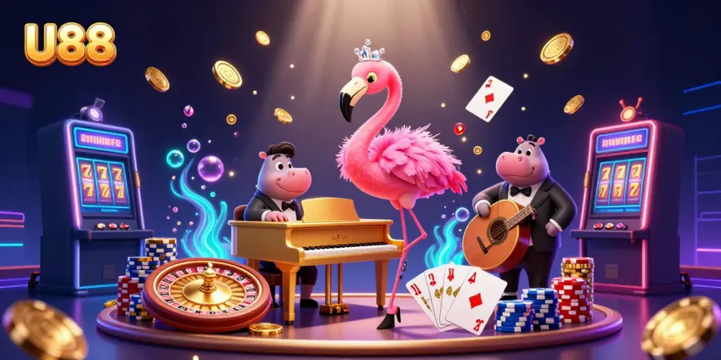 Experience the excitement of U88 with a vibrant casino scene featuring characters and dynamic game elements.