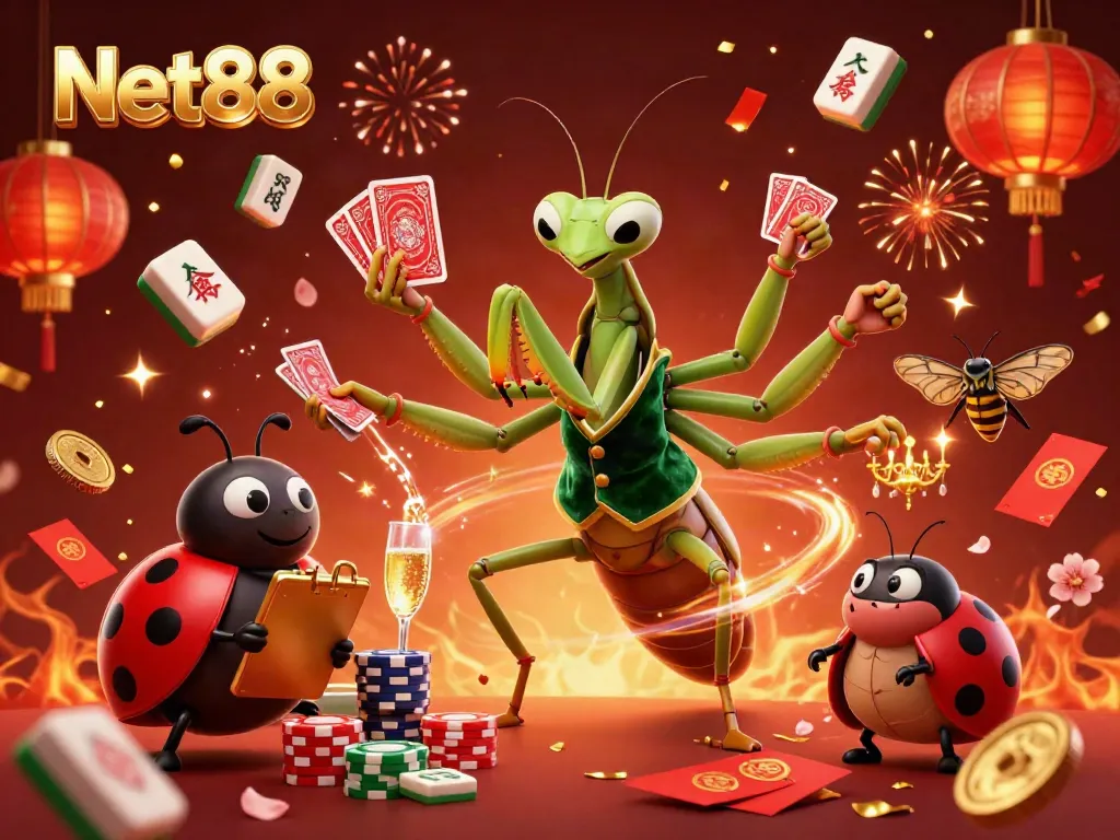 Experience the vibrant excitement of Net88 with a dazzling scene of characters and elements in a lively casino setting.