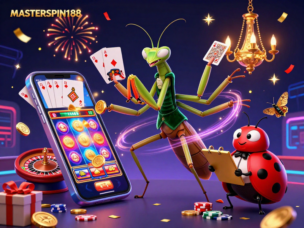 Experience excitement at MASTERSPIN188 with a vibrant 3D casino scene featuring unique characters and dynamic game elements.