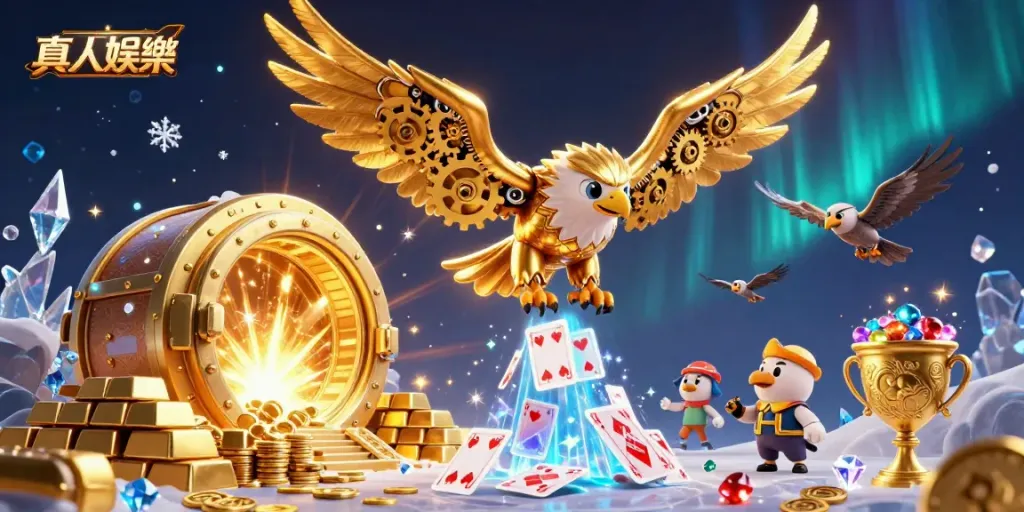 Engage in 真人娛樂 as a cybernetic golden eagle dives through holographic playing cards in a vibrant casino scene.