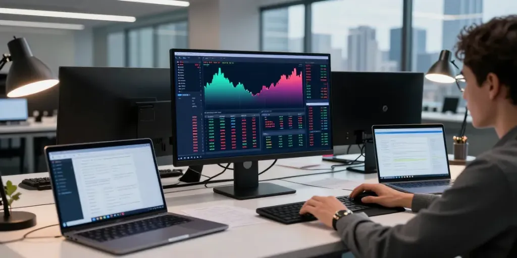 ผลหวยหุ้นวันนี้ พร้อมกราฟการซื้อขาย cryptocurrencies ในสำนักงานทันสมัย
