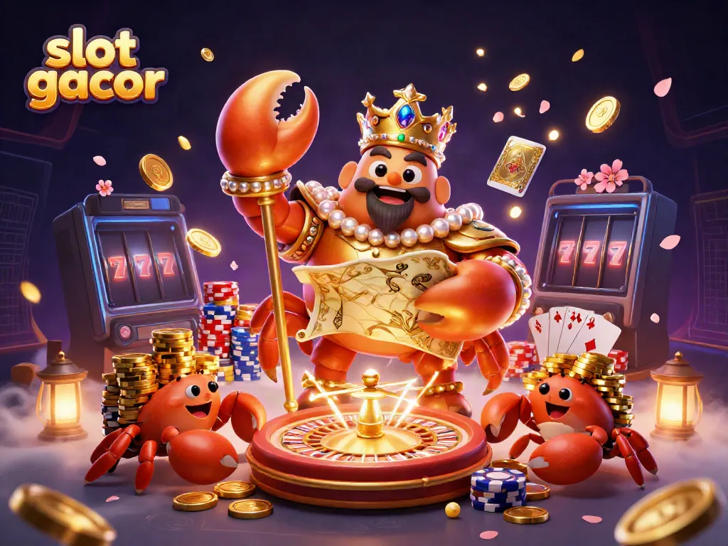 Experience the thrill of slot gacor with a golden crab emperor surrounded by riches and game elements.