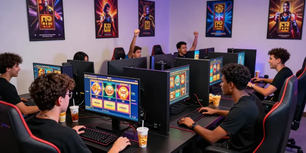 Exciting gaming hub scene showcasing diverse gamers at Bro138, immersed in vibrant slot games.