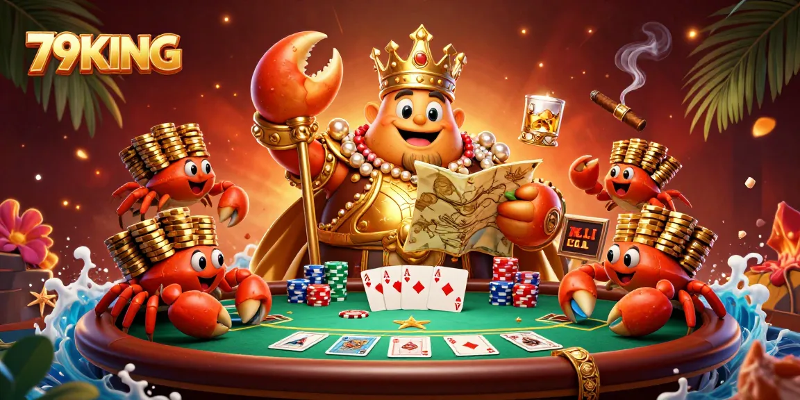 Engage in excitement at 79KING with a 3D illustration featuring a golden crab emperor ruling a casino scene