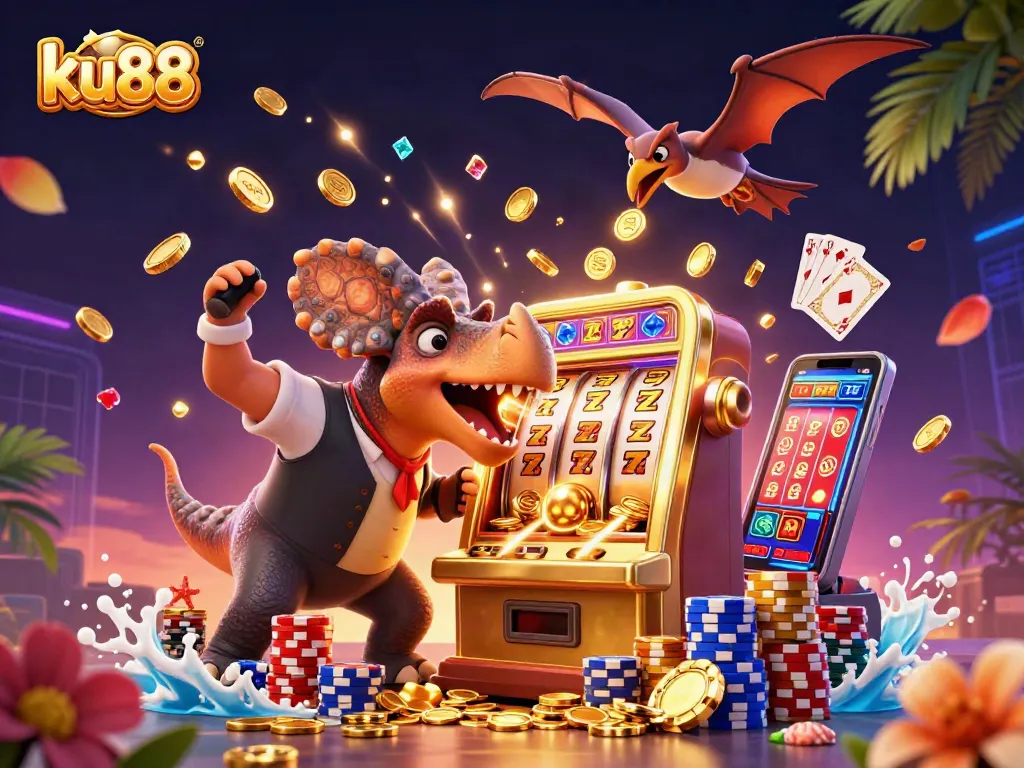 ku88 casino illustration featuring a pachycephalosaurus with a golden slot machine and cascading coins