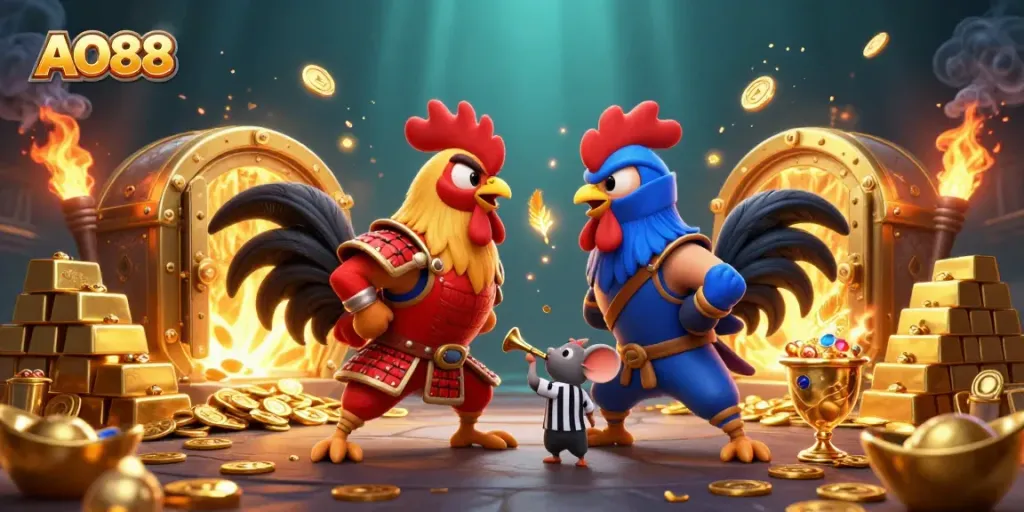 Engage in the exciting duel at AO88 with fighting roosters, gold treasures, and dynamic casino elements.