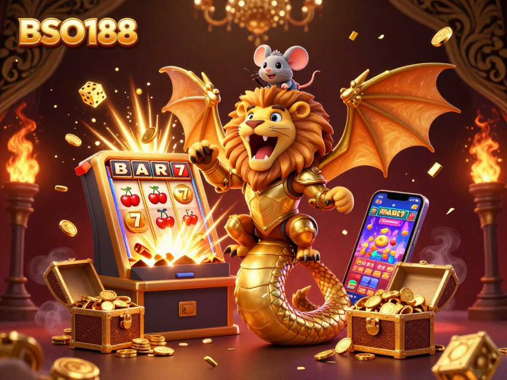 Join the excitement of BSO188 with this enchanting casino scene featuring a golden armored chimera and dynamic gaming elements.